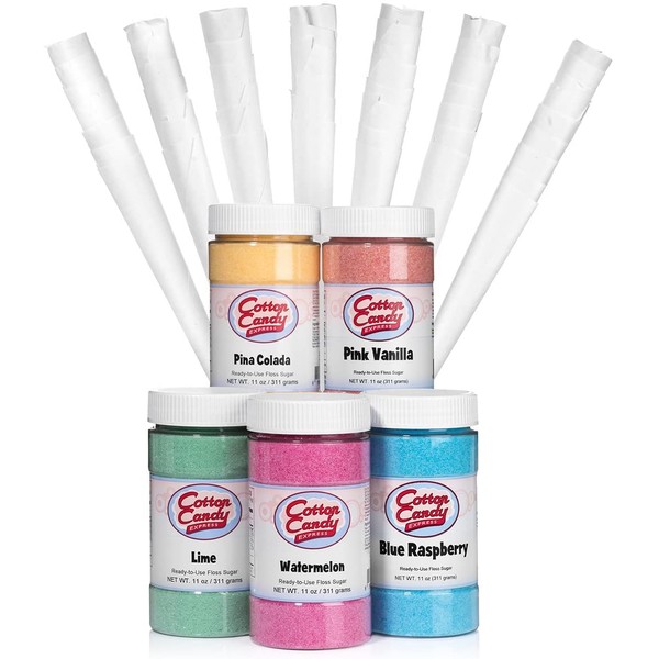 Cotton Candy Express 5 Flavor Floss Sugar Fun Pack with Lime, Watermelon, Pina Colada, Blue Raspberry, & Pink Vanilla Sugar and Cones