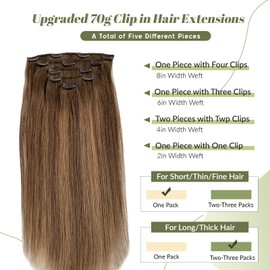 Clip in Hair Extensions Human Hair 5PCS 70G Brown and Blonde Hair Extension Clip ins Real Human Hair 18 Inch Double Weft Ombre Brown with Caramel Blonde Balayage Clip in Extensions for Women/Girls