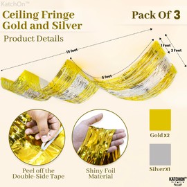 KatchOn, Silver and Gold Fringe for Ceiling Party Decorations - XtraLarge, 1x15 Feet, Pack of 3 | Gold and Silver Ceiling Fringe for Happy New Year Decorations | New Years Eve Party Supplies 2025