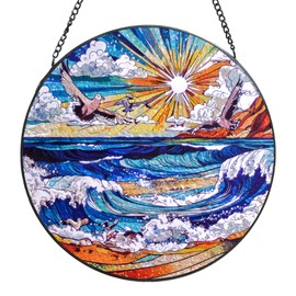 Ocean Wave Stained Glass Window Hanging - 8’’ Handmade Colorful Ocean View Suncatcher for Window, Spiritual Home Decor Indoor & Outdoor, for Beach Lovers and Nature Enthusiasts (D)