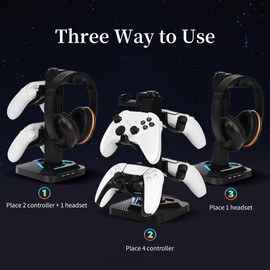 JDGPOKOO RGB Gaming Headphone Stand, Controller Holder & Headset Holder for Desk, Headphone and Controller Stand with 3 USB Ports, Suitable for PC Earphone Accessories, Gift for Men Boyfriend