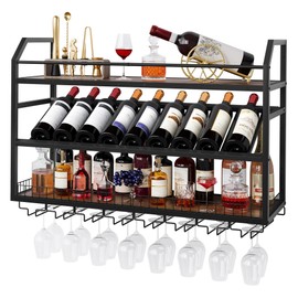 Hoctieon Wall Mounted Wine Rack, 31.5" Wall Wine Rack for Display and Storage, Hanging Bottle Holder, for Living Room, Dining Room, Bar, Wine Cellar, Rustic Brown