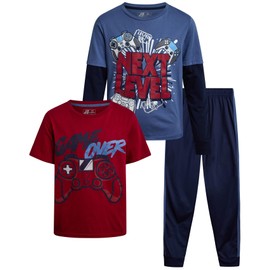 Pro Athlete Boys Tracksuit Set - 3 Piece Outfit with Tricot Jogger Pants Graphic Tee & Two Fer Shirt - Athletic Outfit (8-16), Size 14-16, Blue/Maroon