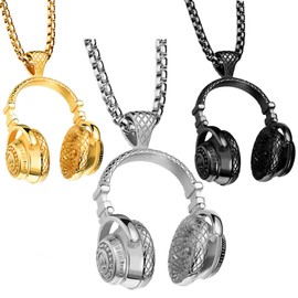 3Pcs Alloy Men's Headphone Pendant Necklace Hip Hop Punk Style Headset Necklace Music Rock Lover Necklace for Son Husband Couples,24 Inch Chain (3 Colors)