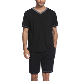 Ekouaer Mens Pajama Set Short Sleeve V Neck 2 Piece Nightwear Shorts With Pockets Summer Sleepwear PJS for Men Black L