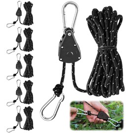 BREANIFULL Pack of 6 Guy Ropes with Rope Tensioner Black 1/8 Inch Ratchet Hanger Tent Cord with Tensioner 4 m Adjustable Rope Ratchet with Hook Diameter 4 mm Reflective Guy Ropes for Awning