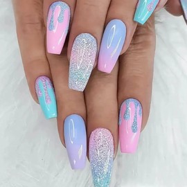 Coffin Press on Nails Medium Fake Nails with Silver Glitter Gradient Designs Pink Nails Press ons Glossy Glue on Nails Summer False Nails Blue Acrylic Nails Green Stick on Nails for Women24Pcs