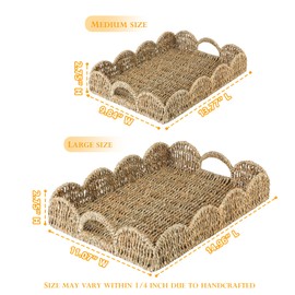 ATEDIR Woven Square Serving Tray, 2-Pack Scalloped Edge Rattan Bed Decor Tray, Basket Table Decor Trays with Handles, Hand-Woven Seagrass Tray for Ottoman, Kitchen, Fruit, Coffee