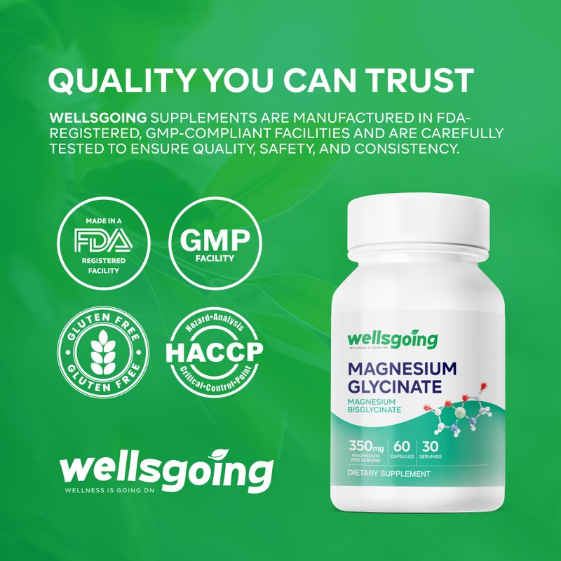 Wellsgoing Magnesium Glycinate Supplement, Chelated Magnesium for Muscle, Nerve &