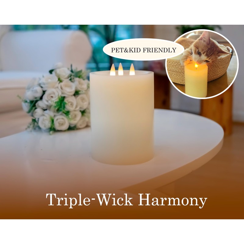 CozierGlow 3-Wick Flameless Pillar Candle with Remote Timer, 3D Moving