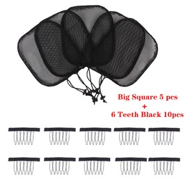 5 Pcs Hair Net for Wig Making Afro Puff Drawstring Ponytail And Afro Hair Bun - Black Glueless Ponytail Hairnet with 10 Pcs Wig Combs - Adjustable Strap Afro Hair Bun Weaving Net For Women (L/Square)