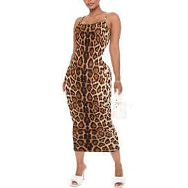 Women's Midi Bodycon Tight Dress - Spaghetti Strap Summer Casual Cheeath Print Club Party Long Fitted Slip Dresses Leopard Yellow XS