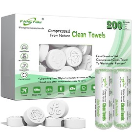 Fancyou Compressed Towel Tablets 200 Count, Thicken Disposable Face Towel with 2 Carry Cases, Biodegradable & Compact, Cotton Clean Face Towels for Outdoor Camping Hiking Travel Gym BBQ Home