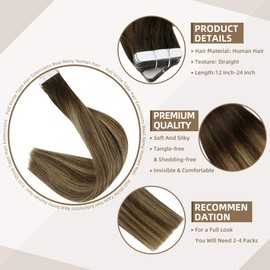 Full Shine Tape in Human Hair Extensions 16 Inch Invisible Tape Hair Extensions Color 2 Darkest Brown Fading to 3 and 27 Honey Blonde Balayage Hair Extensions 20 Pcs 50 Grams