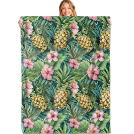 MIEPOS - Manta de piña tropical, 50 x 60 pulgadas, franela suave y ligera, coloridas flores de hibisco y hojas de selva en mantas verdes, regalos para mujeres, para decoración artística del hogar y