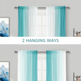 Melodieux Curtains with Ruffle Tape, Ombre Transparent Curtains, for Bedroom, Set of 2, 175 x 140 cm, Blue, Green