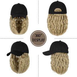 Qlenkay Baseball Cap Hair with 14 inch Wave Curly Bob Hairstyle Adjustable Wig Hat Attached Short Extensions Synthetic for Women Natural Black