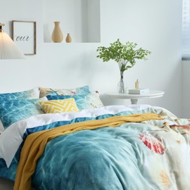 Ocean Duvet Cover Queen, Soft Microfiber 3 Pieces 3D Queen Ocean Bedding Set, Beach Seashell Nature Sea Themed Pattern Digital Print Beach Duvet Cover Queen, with Zipper Closure (Ocean, Queen)