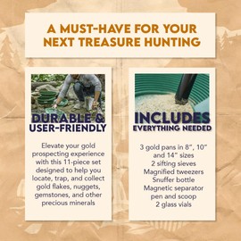 SE 11-Piece Gold Panning Kit - Complete Prospecting Set with Pans, Sieves, Tweezers, Glass Bottles, Sand Magnet, and More - Ideal for Beginners and Enthusiasts - GP5-KIT111