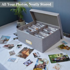 Sprsthai Linen Photo Storage Box – Holds 1700 Photos, 24 Adjustable Dividers & 72 Labels Multi-Use Organizer for Photos, Envelopes, Recipes Beige