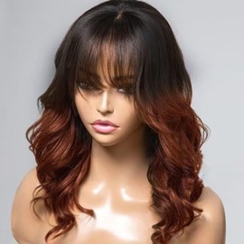 KHY.JNM 1b30 Ombre Brown Layered Cut Wavy Human Hair Wig With Bangs 13X6 HD Invisible Lace Front Wig Pre Plucked For Women Glueless Wig Brazilian Remy Hair With Baby Hair 150% Density 16 Inches