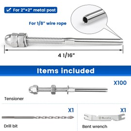 Muzata 100Pack Cable Railing Kit Hand Swage Threaded Stud Tensioner for 1/8" Cable for 2x2 Metal Post Deck Stair Cable Railing Hardware Terminal T316 Stainless Steel Marine Grade CR23