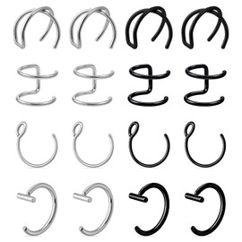 Psyqtsuary Fake Lip Piercing, 16 Pcs Stainless Steel Fake Lip Ring 8mm Faux Nose Ring Non Piercing Hoop Nose Rings for Women Men (Silver, Black)