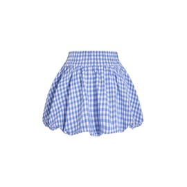 Verdusa Women's Gingham Bubble Mini Skirts Plaid Bow Cute Holiday Short Skorts Blue Medium