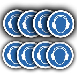 8 Pack - Ear Protection Safety Decals - 85mm Waterproof Vinyl - Ear Protection Must Be Worn Sticker Signs