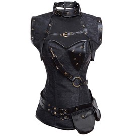 Charmian Women's Plus Size Retro Goth Spiral Steel Boned Brocade Steampunk Bustiers Corset with Jacket and Belt Black XXX-Large