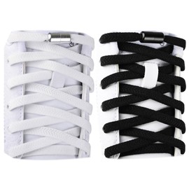 Olukssck 2 Pairs of 5 mm Wide Elastic Shoelaces Without Tying Universal Shoe Laces with Metal Lock, No Tie Shoelaces for Shoes of Different Sizes, 100 cm Long, Black + White