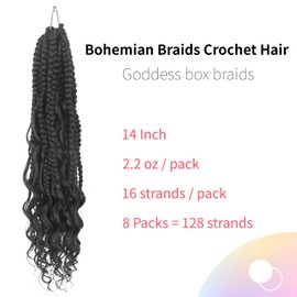 Niseyo 8 Packs Curly Ends Goddess Box Braids Crochet Hair 14 Inch Crochet Braids with Curly Ends Goddess Braid French Curl Braiding Hair (1B)