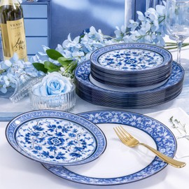 Hioasis 60pcs Blue Plastic Plates Set - Floral Blue & White Porcelain Design, 10.25" Dinner & 7.5" Dessert Plates Disposable for Wedding/Party (Dishwasher Safe, Art Style)