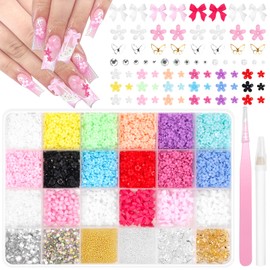 3D Flower Nail Charms, Color Spring Nails Flowers with Caviar Beads and Gems Rhinestones, Blossom Tiny Flowers Nail Art Charms Pink White Bows Charm for Acrylic Nails Art DIY Supplies