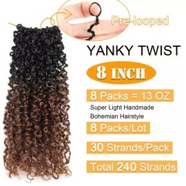 Aksice 8 Inch Yanky Twist Crochet Hair Pre-looped 8 Packs 8 Inch (Pack of 8) OT30