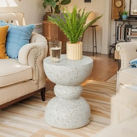 Glitzhome Accent Tables Living Room, Outdoor Small Round Side Table Nightstand, MgO Faux Terrazzo Bedside Table, Decorative Garden Stools Plant Stand for Bedroom Patio Deck, Faux White