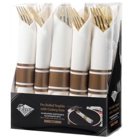 Elegant Gold Pre-Rolled Napkin & Cutlery Sets (Pack of 10), Dazzling Disposable Dining Set, Perfect for Weddings, Parties & Luxurious Events