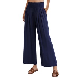 ZXIHZF Women’s Summer Palazzo Pants Wide Stretch Smocked Waist Lounge Trousers (US, Alpha, Small, Regular, Regular, Navy Blue)