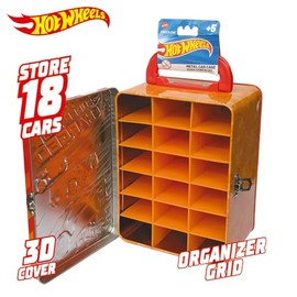 Hot Wheels Organizador Estuche Metálico Portátil para 18 Carritos 1:64 Diseño Vintage Retro Original Mattel - Puerta con Relieve 3D - Cierre Metálico - Edad +3 años