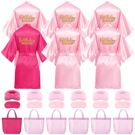 24 Pcs Kids Spa Party Supplies for Girls 6 Spa Party Robes 6 Eye Masks 6 Tote Bags 6 Headbands - Rose red Birthday (Tag Size 10)