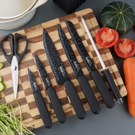 Kitchen Knife Set, 8-Pieces Knife Set with Block and Sharpener, Sharp Stainless Steel Chef Knife Block Set, Knives Set for Kitchen Home Apartment Dormitory, Gifts for Mom Women (Black)