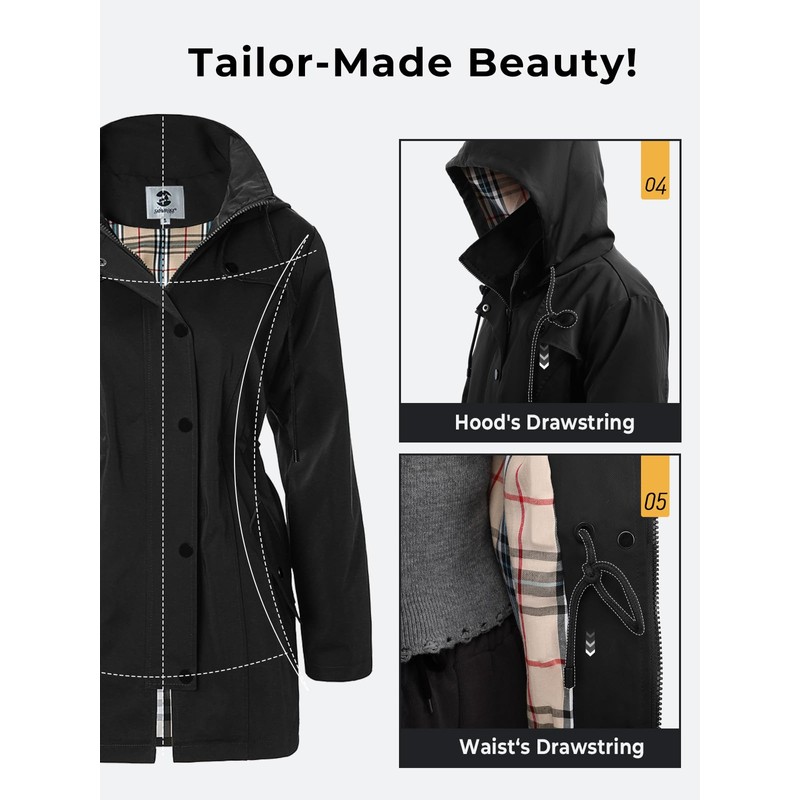 SaphiRose Women's Long Hooded Rain Jacket Outdoor Raincoat Windbreaker(Black,Medium)