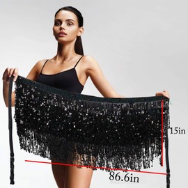 JEOJEOY 2 Pieces Sequin Tassel Skirt Belly Dance Hip Scarf Performance Outfit Sequins Skirt Belts Body Accessories for Women Black, Sliver