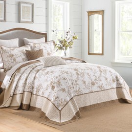 SOElinens Queen Bedspreads 102x120 - Botanical Floral Farmhouse Reversible Oversized Queen Quilt Set, 3-Piece Lightweight Thin Comforter Coverlet Set with 2 Pillow Shams, 100% Cotton, Brown/Oatmeal