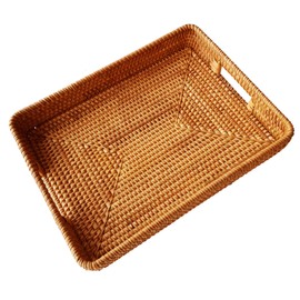 i-lan i-lan 15 Inch Large Size Handwoven Serving Tray, Decorative Rectangular Rattan Basket Bread Trays with Handles and 2.3Wall, Vintage Organizer Plate Wicker Basket Tray for Dessert, Snack, Candy, L