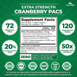 Zazzee Cranberry PACs, 72 mg PACs per Capsule, 2X Strength, 100% Soluble, 120 Vegan Capsules, 50:1 Extract, 18,200 mg Strength, Fast-Acting, Effective Urinary Tract Support, Made in The USA