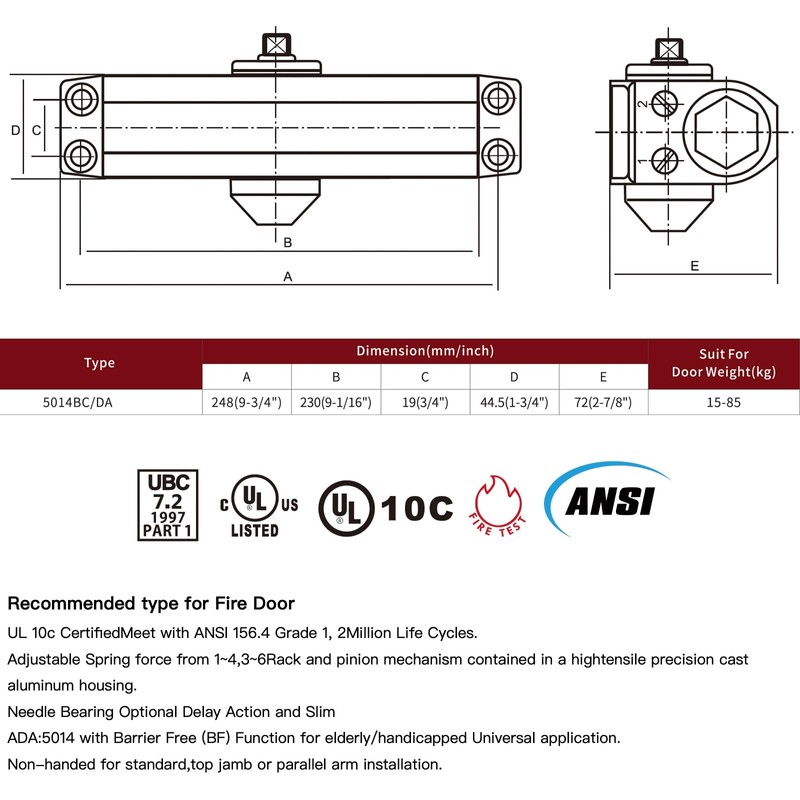 Commercial Door Closer, ADA Compliant, Grade 1, Surface-Mounted, UL 3-Hour