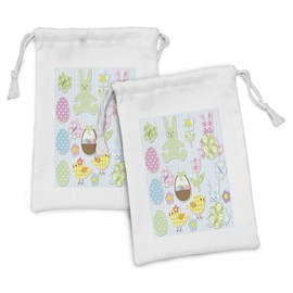 Ambesonne Easter Fabric Pouch Set of 2, Theme Bunnies and Chicks with Giant Eggs Pastel Colored Holiday Illustration, Small Drawstring Bag for Toiletries Masks and Favors, 9" x 6", Multicolor