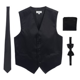 Men's Formal 4pc Satin Vest Necktie Bowtie and Pocket Square, Black, Medium