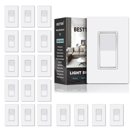 BESTTEN 20 Pack Single Pole Decorator Light Switch with Screwless Wall Plate, Paddle Rocker Wall Switch,15A 120/277V, On/Off Interrupter, UL Listed, W